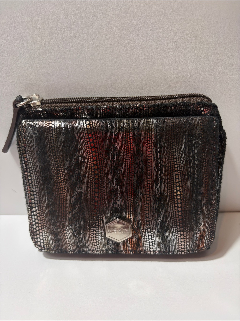 Lodis Metallic Black and Bronze Sequin Zip Card Holder